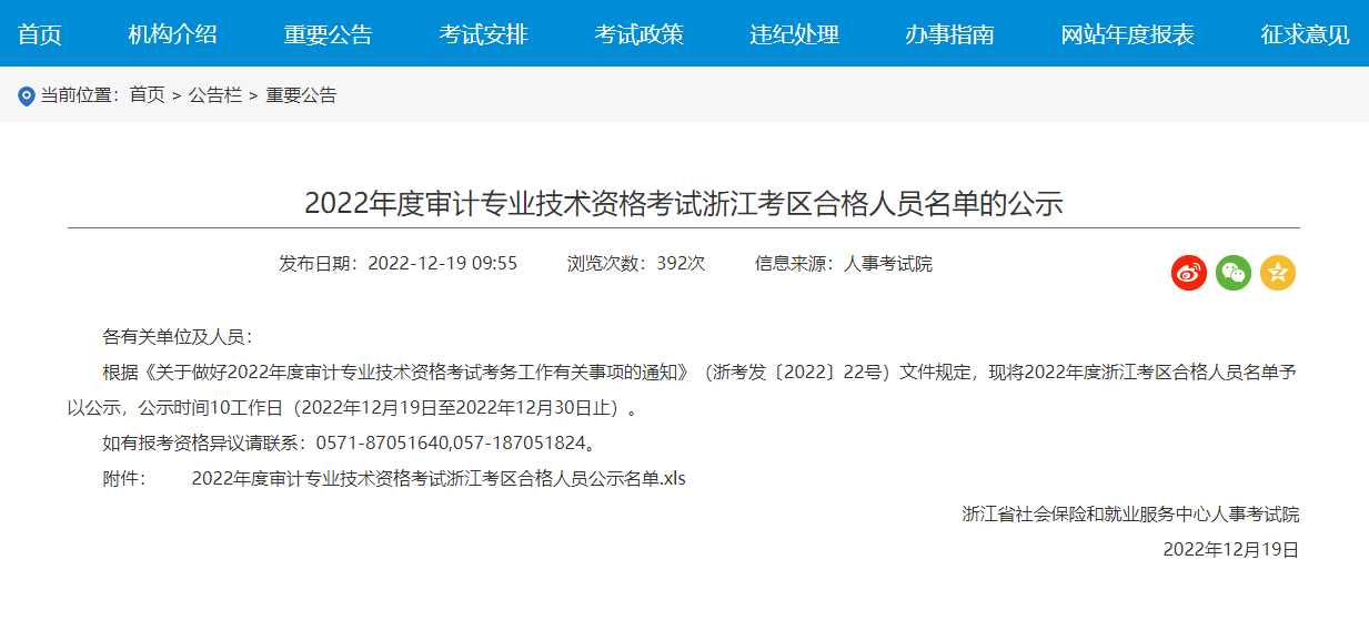 2022年度杭州审计专业技术资格考试合格名单公示！